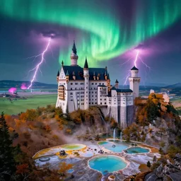 neuschwanstein castle on danakil depression of the place with acid pools in mount roraima during autumn season on an interstellar aurora borealis with heavy thunder and lightning, pink waterfalls, by peter mohrbacher, james jean, james gilleard, greg rutkowski, vincent di fate, rule of thirds, octane render, beautiful landscape