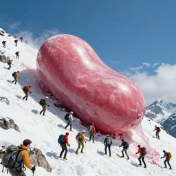 a massive jelly bean, the size of a mountain being attacked by a horde of mountain climbers