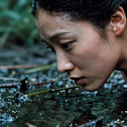 1 9 7 0 s movie still close - up of a skinny white japanese female ghost face going out of water puddle, swamp backround, cinestill 8 0 0 t 3 5 mm eastmancolor, heavy grain, high quality, noir, natural textures, photorealistic, ambient occlusion, hd, ultra wide lens, anamorphic, washy color