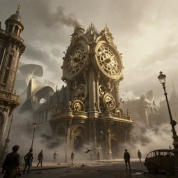 an ultra wide angle view of 1 8 8 0 s london, steampunk, clockwork, steamy, ominous, hyperrealism, by greg rutkowski, zaha hadid, octopath traveler, final fantasy, octane render, misty, highly rendered, global illumination, radiant light