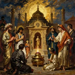 the holy temples of incense, orientalist painting by john william waterhouse and Edwin Longsden Long and Theodore Ralli and Nasreddine Dinet, oil on canvas. Cinematic, hyper realism, dramatic lighting