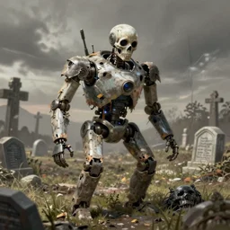 a broken robot in dirty, tattered tatters summons a dead man from the land, graveyard, highly detailed, digital painting, artstation, sharp focus, illustration,