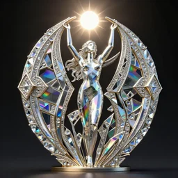 geometric mathematical shaped metal sculpture with ornate crystal glass elements reflecting rainbows into iridescent patterns, female figure within the sculpture with her arms towards the sky, sun shining down upon the scene, beeple, style of jack storms, octane render, 4 k, intricate, detailed, 3 d
