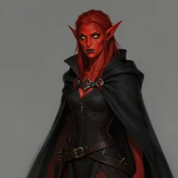 A female tiefling with red skin, gold eyes, wearing a black cloak, style of Greg Rutkowski, Andreas Rocha, dungeons and dragons character art, artstation