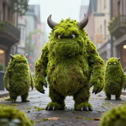 monsters made of moss invade the streets, realistic, 8 k, extremely detailed, cgi, trending on artstation, hyper - realistic render, 4 k hd wallpaper, premium prints available, octane render, award winning, by greg rutkowski