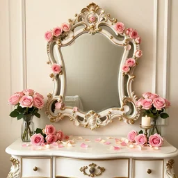 beautiful luxurious baroque vanity mirror covered in roses and rose petals