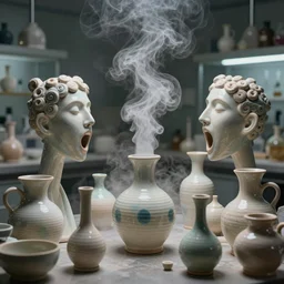 an alchemical laboratory of voices made from ceramic vessels, vapour, no humans, 8 k, unreal, high resolution