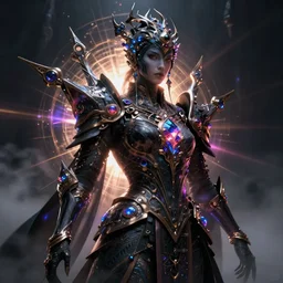 a dark sci fi quarter - length portrait of a cyber mage with massive ornaments protruding from armor, majestic and futuristic, cinematic lighting, high detail, dark fantasy, unreal engine, octane render, art by vitaly bulgarov artstation, character art by bungie studios, fog volumes, vivid color glow, post processing, cgsociety