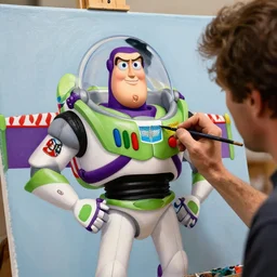 a closeup photorealistic photograph of bob ross working on a canvas painting of buzz light year. film still. brightly lit scene. this 4 k hd image is trending on artstation, featured on behance, well - rendered, extra crisp, features intricate detail, epic composition and the style of unreal engine.