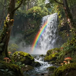 ancient forest, waterfall, rainbow, moss landscape, lush, mushrooms, stones, mysterious, rainbow, intricate, hyper detailed, artstation, concept art, albert bierstadt