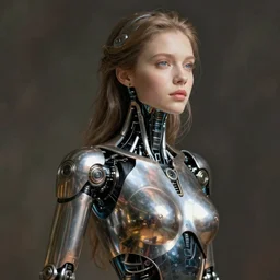 beautiful young cybernetic woman, body metal skin complicated robotics, half human, half robotic, cyborg, art by tim walker