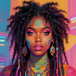 colorful character portrait of a black female hippie with natural hair, set in the future 2 1 5 0 | highly detailed face | very intricate | symmetrical | cinematic lighting | award - winning | painted by mandy jurgens | pan futurism, dystopian, bold colors, cyberpunk, groovy 1 9 6 0 s 1 9 7 0 s vibe, anime aesthestic | featured on artstation