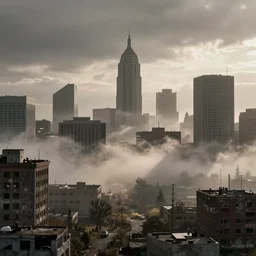 a post apocalyptic downtown Kansas City, super resolution, Extremely detailed, fog