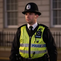 A British police officer wearing hivis at night, highly detailed, ambient lighting, trending on art station