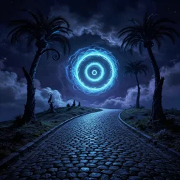 neon light, night dark, curled perspective digital art of spiral clouds cobblestone street in top of a hill with curly palmtrees by anton fadeev from nightmare before christmas