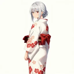 beautiful girl, silver hair, white kimono with complex red flower patterns, full body, looking to camera, showing her shoulder from back, ilustration by ((Takehiko Inoue)) ((and Krenz Cushart))