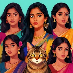 mix of beautiful sri lankan female as a female cat, perfect faces, tech company, very coherent and colorful high contrast art, artstation, deviantart, digital art