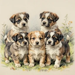 Louis Icart, an old elaborate colored drawing of adorable little puppies by Louis Icart, highly detailed, masterpiece