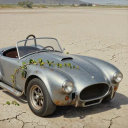 closeup of rusty shelby cobra, vine covered, desert, cracked dry lake bed, by Zdzislaw Beksinski, Norman Rockwell, al duke, boris vallejo, highly detailed, soft lighting, film grain, 8k resolution, hd, oil on canvas