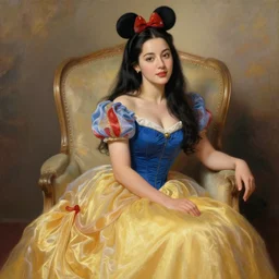 beautiful thirty year old woman with long black hair, tan skin, curvy hourglass figure, round cute face wearing a colorful disney princess gown with mickey mouse ears headband sitting in an armchair. beautiful painting by lois van baarle and artgerm and bouguereau