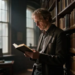 Jordan Peterson reading while standing in a dark old library, window light behind him Greg Rutkowski, 4k, masterpiece