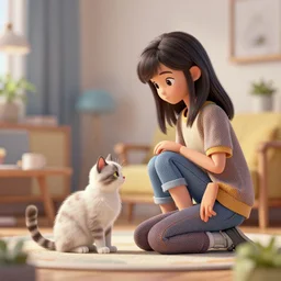a girl beside cat, living room, intricate, bokeh, medium shot masterpiece, cg society, artstation, coherent, octane render, comic book