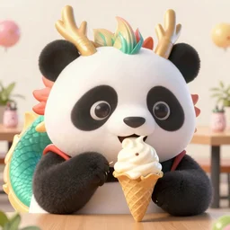 high quality 3 d render hyperrealist very cute creepy happy panda & dragon hybrid eating ice cream, vray smooth, in the style of detective pikachu, very dramatic light, low angle, uhd 8 k, shallow depth or field