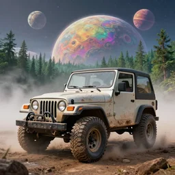 a dirty 1997 hardtop Jeep Wrangler off road, digital art, beautiful iridescent fog swallows the dirty alien planet, planets can be seen in the sky above, in front of an amazing forest, gritty, cinematic, extraordinary colorful landscape, photorealistic, soft vintage glow, 4k, hd