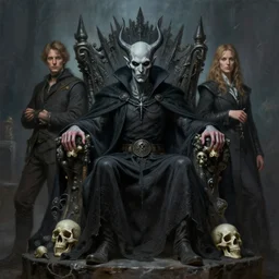 an Evil necromancer sitting on a throne of skull, Justin Gerard and Greg Rutkowski, realistic painting, Digital art, very detailed, High definition, trending on Artstation
