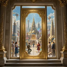 carved futuristic door at the end of ancient ornate steps shows a large window to a city detailing the vast architectural scientific ancient and cultural acheivements of humankind, magical atmosphere, renato muccillo, andreas rocha, johanna rupprecht, beardsley, detailed digital art, cinematic blue and gold