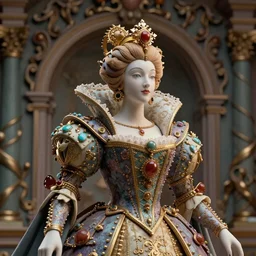 A photo-real delicate sculpture of an ornate queen in front of an intricate background by AJ Fosik, Micro detail, backlighting, octane renderer, colorful, physically based render