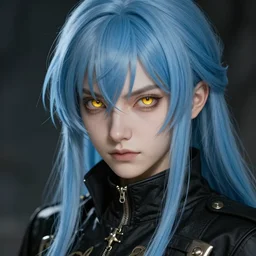 rimuru tempest in elden ring, sky blue straight hair, wispy bangs, with amber eyes, gold eyes, wearing a black jacket, high collar, ultra detailed, concept art, award winning photography, digital painting, pretty, cinematic, wlop artstation, closeup, pixiv, evil, yoshitaka amano, andy warhol, ilya kuvshinov,