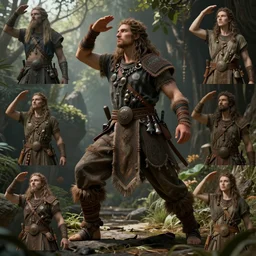 low contrast, dynamic pose ,natural light, dissolution filter ,turbulence filter, costume design made by nordic tribes, sophisticated composition, old masters light composition, artist reference images pose, procedurally generated, epic human character posing for concept art, beautiful ancient garden behind, substance designer, PBR, HD, Ultra detailed, hyperrealistic, megascans, volumetric light, concept by master artist, made in paint tool SAI2, trending pixiv face