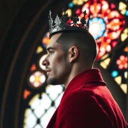 side - view portrait of a man wearing a metal crown, buzzcut, stubble, wears a red coat, gothic stained glass window, very masterful, backlit
