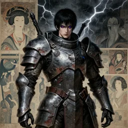 composition of gothic and futuristic young man, warhammer, cyber japan style armor, more and more scars, thunderstorm, black head, water eyes, some red and purple, the middle ages, highly detailed, artstation, in the style of moebius, jugendstil and classic japanese print, art by rene magritte and jean delville