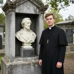 a young priest standing beside a very old, dirty mausoleum that contains a marble bust of a man inside