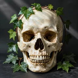 skull inspired by René Laloux,ivy vines,leaves
