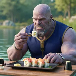 a very high resolution image from a new movie. thanos eating sushi on a lake, photorealistic, photography, directed by wes anderson