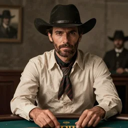 real-life face portrait short stubble beard cowboy skinny masculine Roger Clark as exactly the same as arthur morgan furrowed brown from red dead redemption 2 movie dramatic lighting late 1800s playing poker Daguerreian photo by Mathew Brady