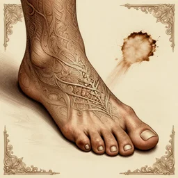 an anthropomorphic foot, coffee stain, insanely detailed and intricate, hypermaximalist, elegant, ornate, hyper realistic, super detailed