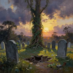 jungle vines, big graveyard gravestones, dramatic sky, ground broken, backlight, dramatic sunrise, oil painting landscape by frazetta!!!