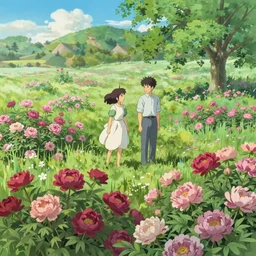 Rendering of a scene with meadow full of peony，by Makoto Shinkai and Thomas Kinkade, fantasy matte painting, trending on cgsociety and unreal engine，light effect，highly detailed，super wide angle