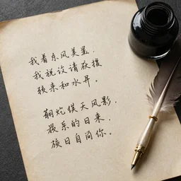 a beautiful handwritten haiku on old dark crinckled paper with a feather pen in an ink pot, highly detailed, realistic
