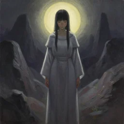 priestess of the bismuth hills. gouache painting by the award - winning mangaka, bloom, chiaroscuro, backlighting, depth of field.