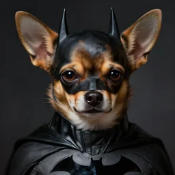 a chihuahua as batman, concept art, detailed face, fantasy, highly detailed, cinematic lighting, digital art painting by greg rutkowski