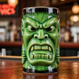a closeup photorealistic photograph of a glossy angry hulk style tiki mug sitting at a trader vic's bar with hulk's face on the front. tiki theme. green with black rim. bright scene. fine detail. this 4 k hd image is trending on artstation, featured on behance, well - rendered, extra crisp, features intricate detail, epic composition and the style of unreal engine.