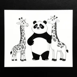 drawing from 1 9 2 0's disney animation, white paper, black & white, panda giraffe