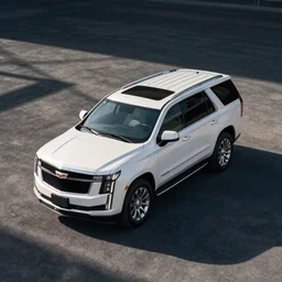 A white SUV based on a Cadillac Escalade and Chevrolet Tahoe, overhead view