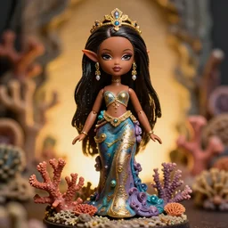 brown - skinned gorgeous coral reef fae themed drag queen. polymer resin professional art doll, backlighting, depth of field, 4 k, ink and gold, safe for work