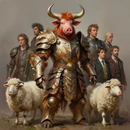 digital painting of joaquin phoenix with an armor made of animals, cow horns, pig nose, sheep wool, chicken feather armor, majestic, by anna podedworna and miklos ligeti, diego maricato, taran fiddler, antonino truisi, chris reddie, jinsung lim, trending on artstation